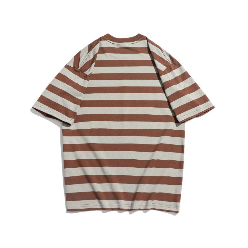 Embroidered striped round neck T-shirt with loose short sleeves