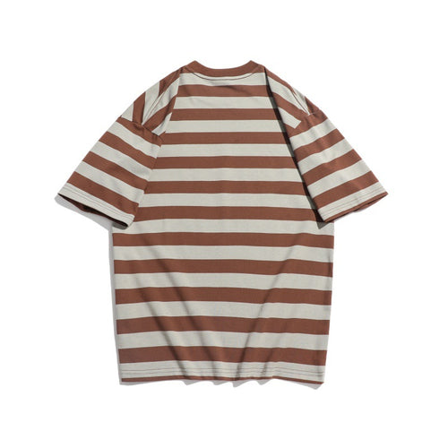Embroidered striped round neck T-shirt with loose short sleeves