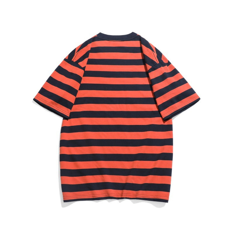 Embroidered striped round neck T-shirt with loose short sleeves