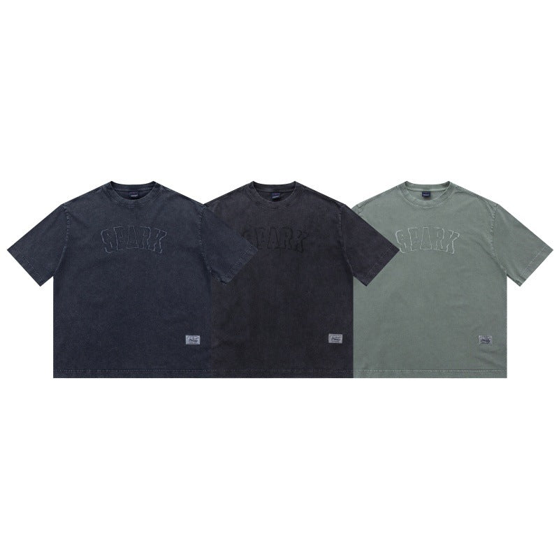 Vintage letter embroidered T-shirt with loose short sleeves