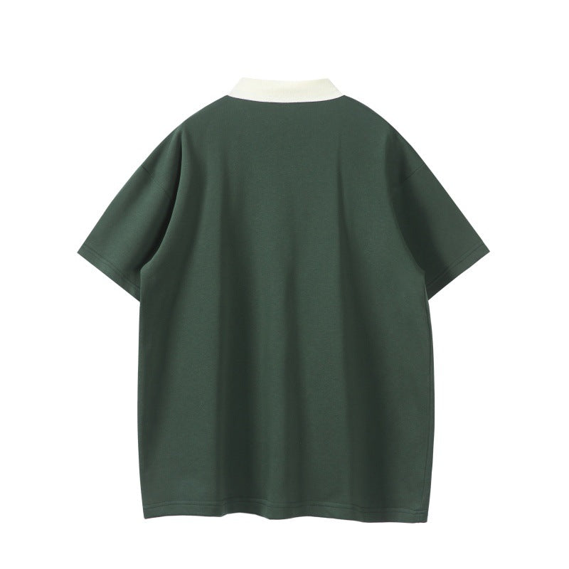 Color blocked polo shirt with loose embroidered collar and short sleeves
