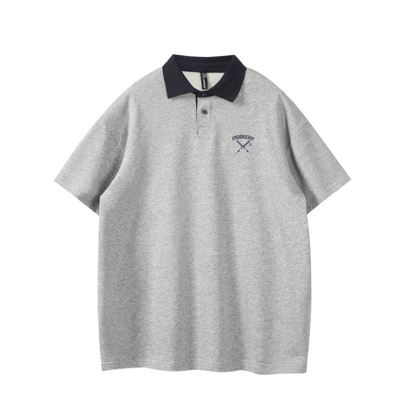 Color blocked polo shirt with loose embroidered collar and short sleeves