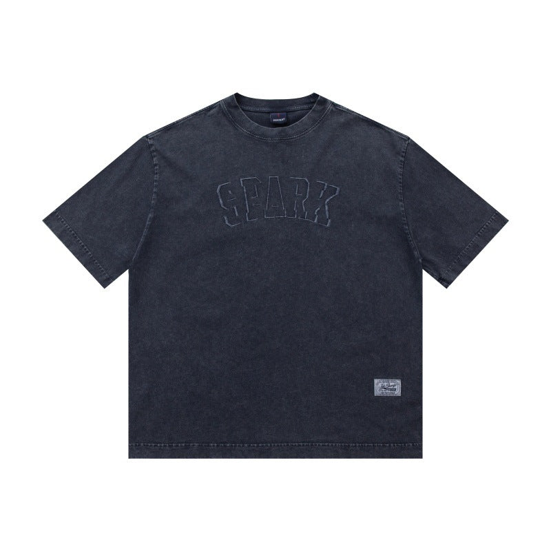 Vintage letter embroidered T-shirt with loose short sleeves