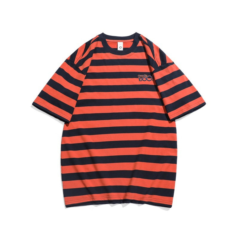 Embroidered striped round neck T-shirt with loose short sleeves