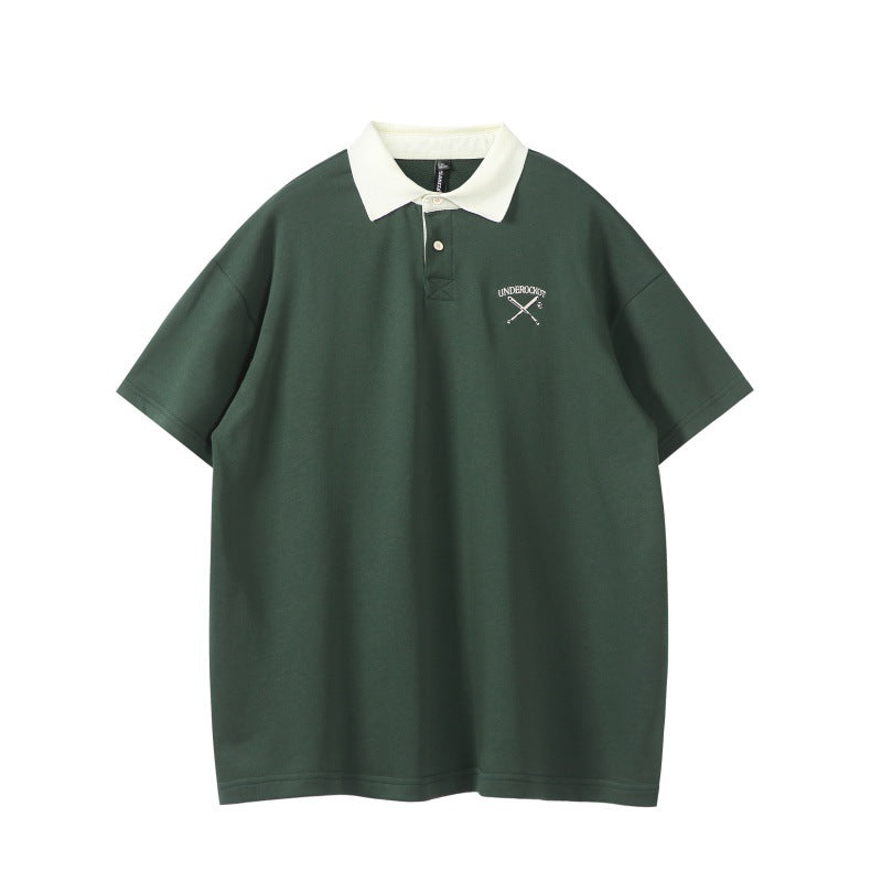 Color blocked polo shirt with loose embroidered collar and short sleeves