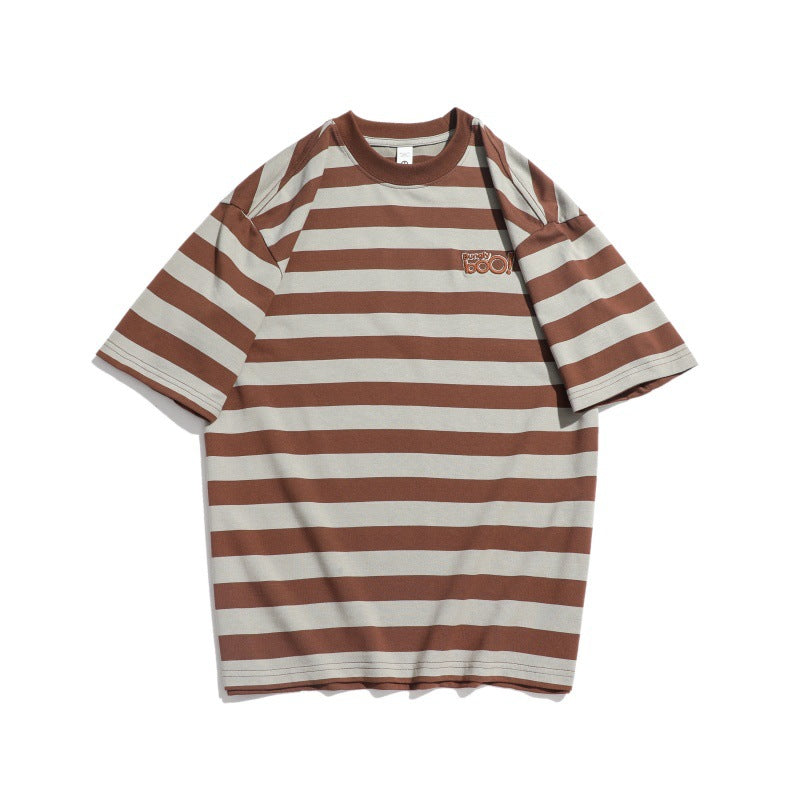 Embroidered striped round neck T-shirt with loose short sleeves