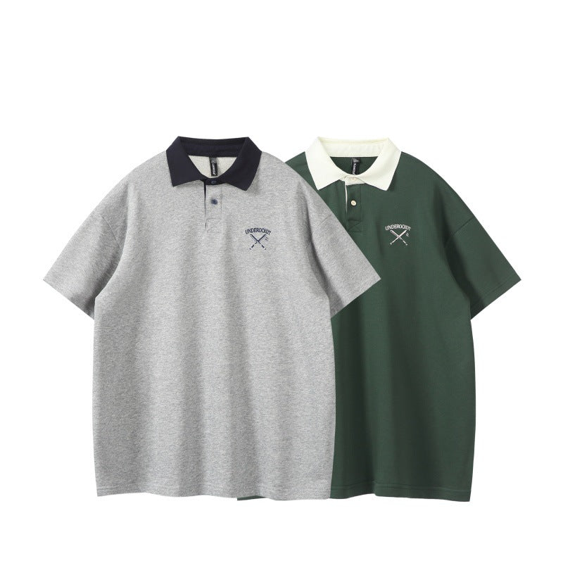 Color blocked polo shirt with loose embroidered collar and short sleeves